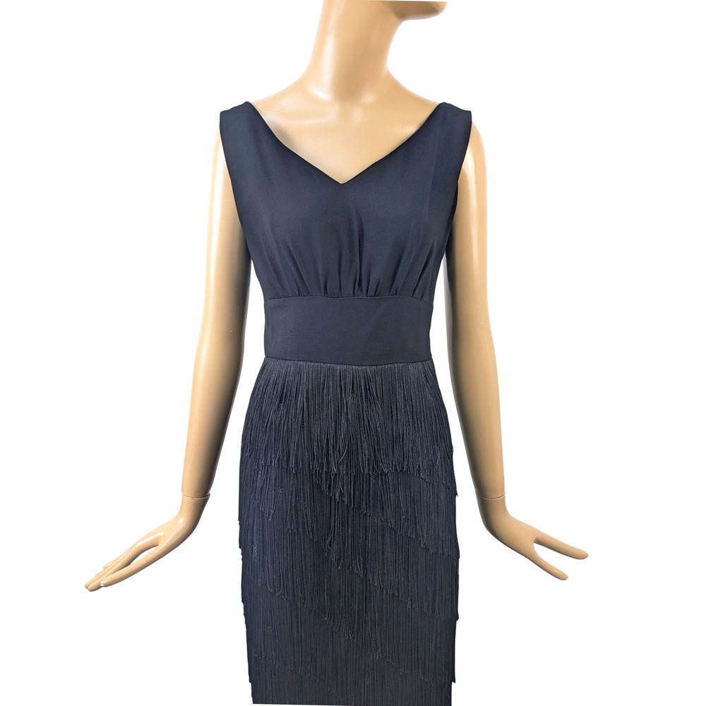 Vintage 1960s Lilli Diamond Black Fringe Sheath Wiggle Party Dress - Picture 7 of 10